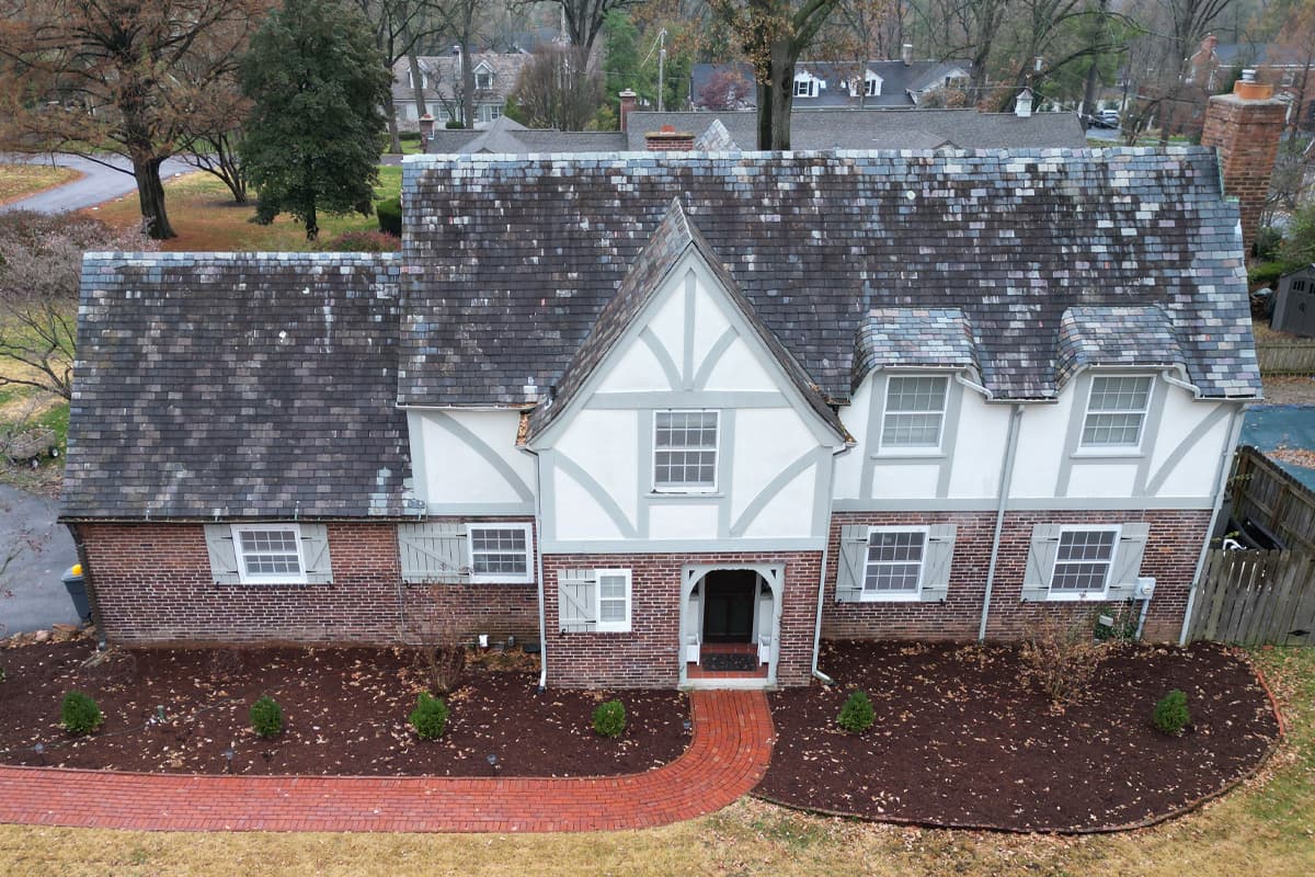 Before — Tudor Revival Architectural Shingle Replacement — Historic Residence